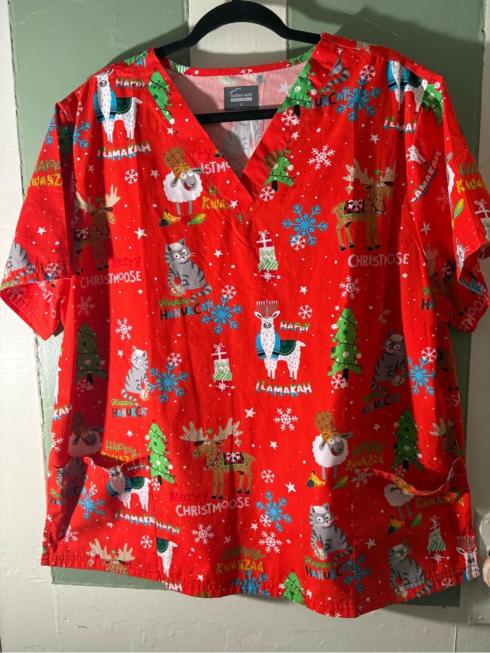 Women’s Red Holiday Print V-Neck Scrub Top